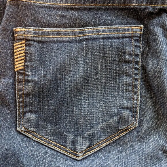 PAIGE, Dark Wash Distressed Skyline Boot Cut Low Rise Denim Blue Jeans, Size 27 - Picture 6 of 11